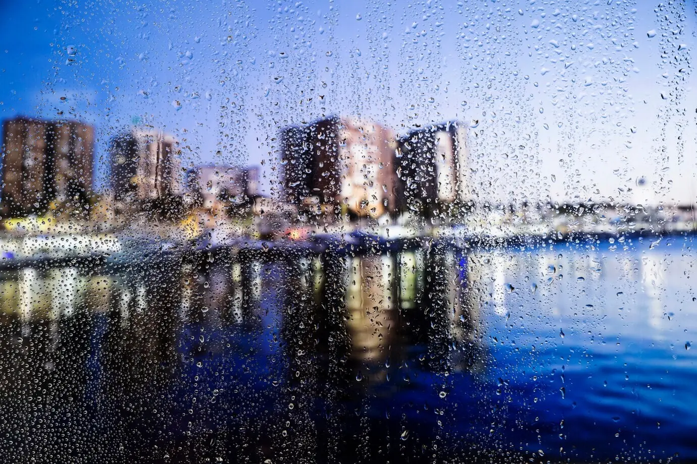 Water droplets on a city background
